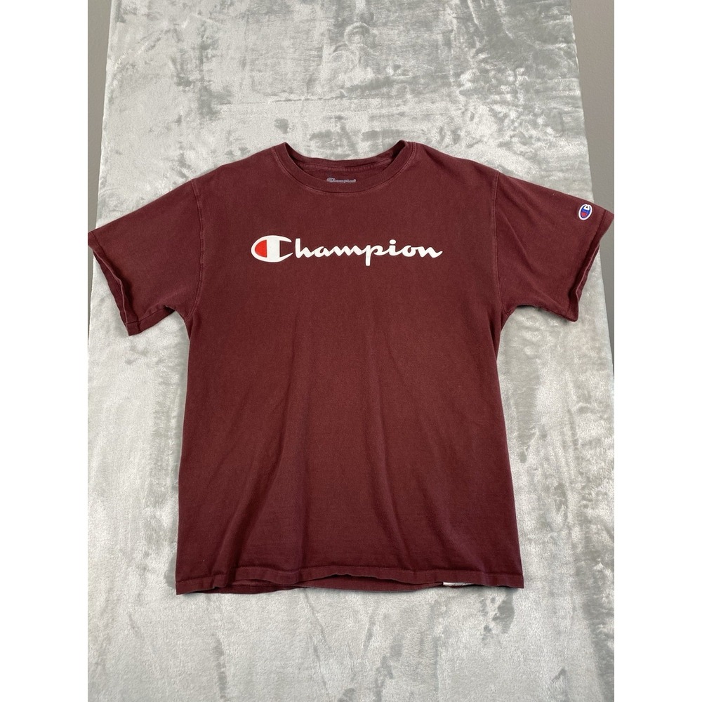 CHAMPION Men's (Size Medium) Burgundy Red Short Sleeve Spellout Logo T-Shirt Top - Picture 1 of 10